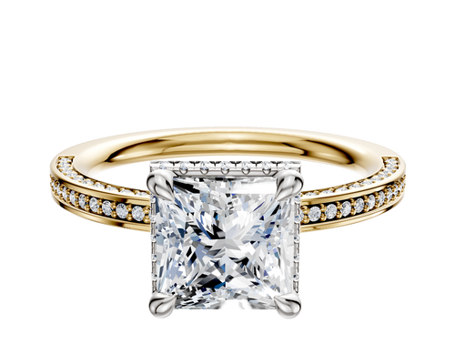 18K Two Tone 4 Prong Collar Classic Flat 3-Row-Pave 2.0mm Engagement Ring