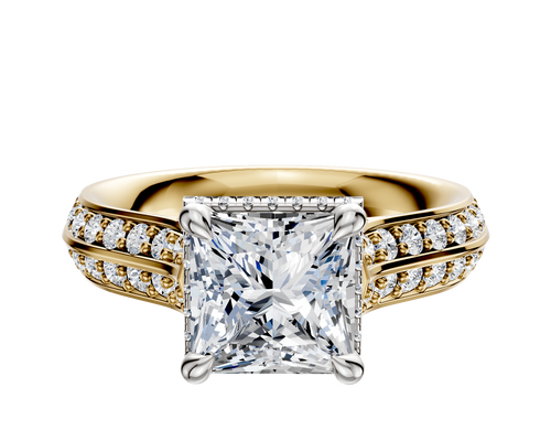 18K Two Tone 4 Prong Collar Cathedral Knife Edge 1-Row-Pave 2.5mm Engagement Ring