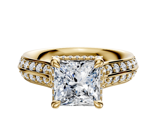 18K Yellow Gold 4 Prong Collar Cathedral Knife Edge 1-Row-Pave 2.5mm Engagement Ring