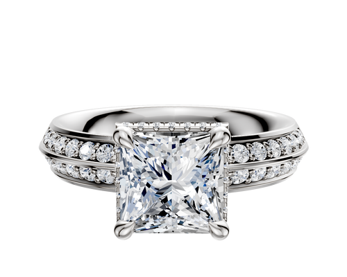 18K White Gold 4 Prong Collar Classic Knife Edge 1-Row-Pave 2.5mm Engagement Ring