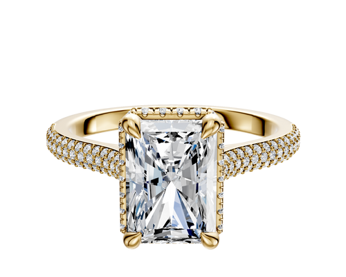 14K Yellow Gold 4 Prong Collar Cathedral Dome 3-Row-Pave 2.0mm Engagement Ring
