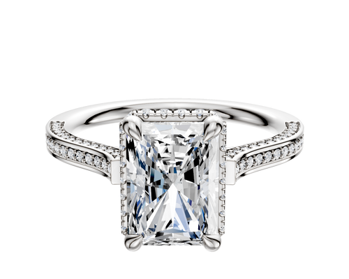 14K White Gold 4 Prong Collar Cathedral Flat 3-Row-Pave 2.0mm Engagement Ring