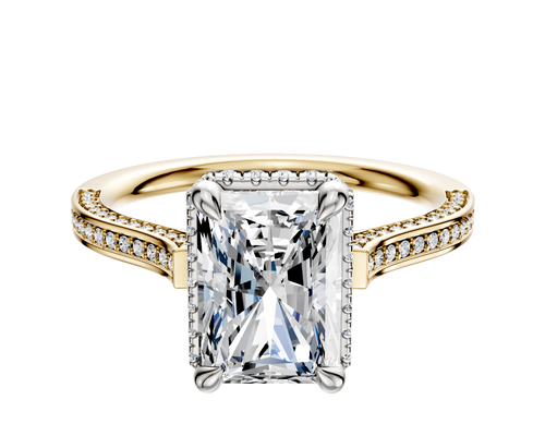 18K Two Tone 4 Prong Collar Cathedral Flat 3-Row-Pave 2.0mm Engagement Ring