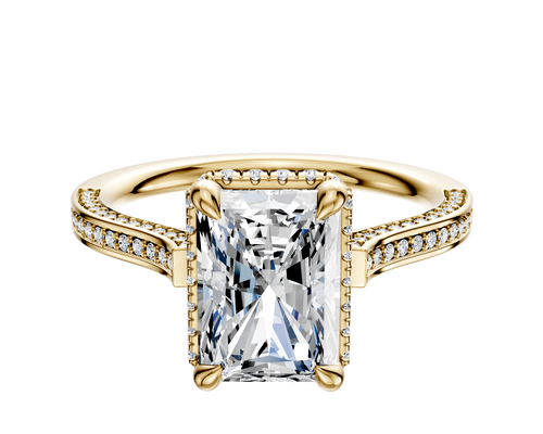 14K Yellow Gold 4 Prong Collar Cathedral Flat 3-Row-Pave 2.0mm Engagement Ring