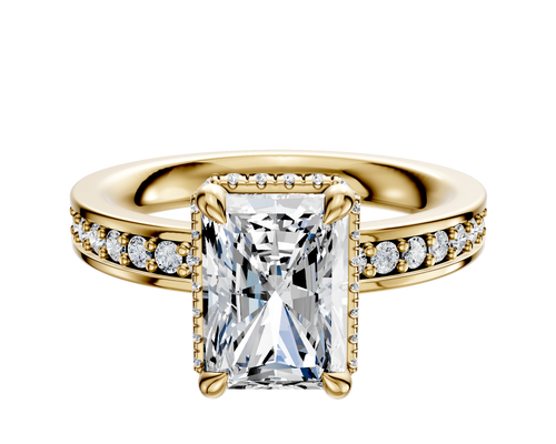 14K Yellow Gold 4 Prong Collar Classic Flat 1-Row-Pave 2.5mm Engagement Ring