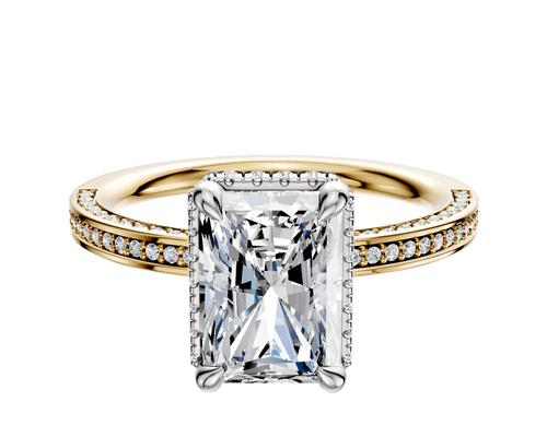 18K Two Tone 4 Prong Collar Classic Flat 3-Row-Pave 2.0mm Engagement Ring