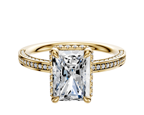 14K Yellow Gold 4 Prong Collar Classic Flat 3-Row-Pave 2.0mm Engagement Ring