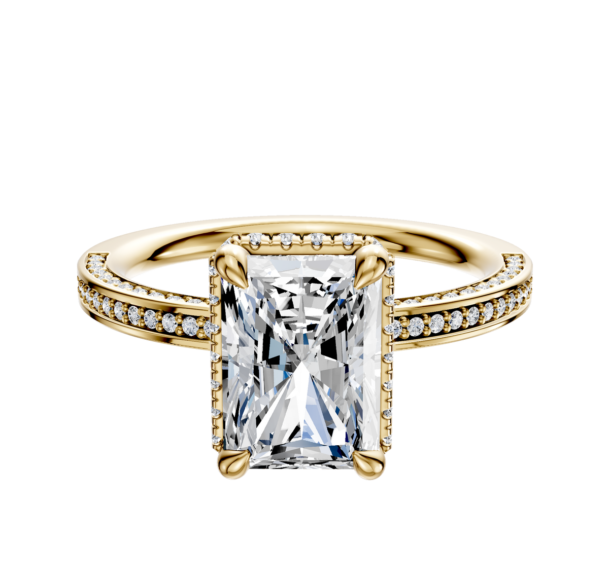 The 18K Yellow Gold 4 Prong Collar Classic Flat 3-Row-Pave 2.0mm Engagement Ring features a prominent rectangular gemstone in the center, accented by rows of pavé diamonds along the band and around the centerpiece, displayed on a white background.