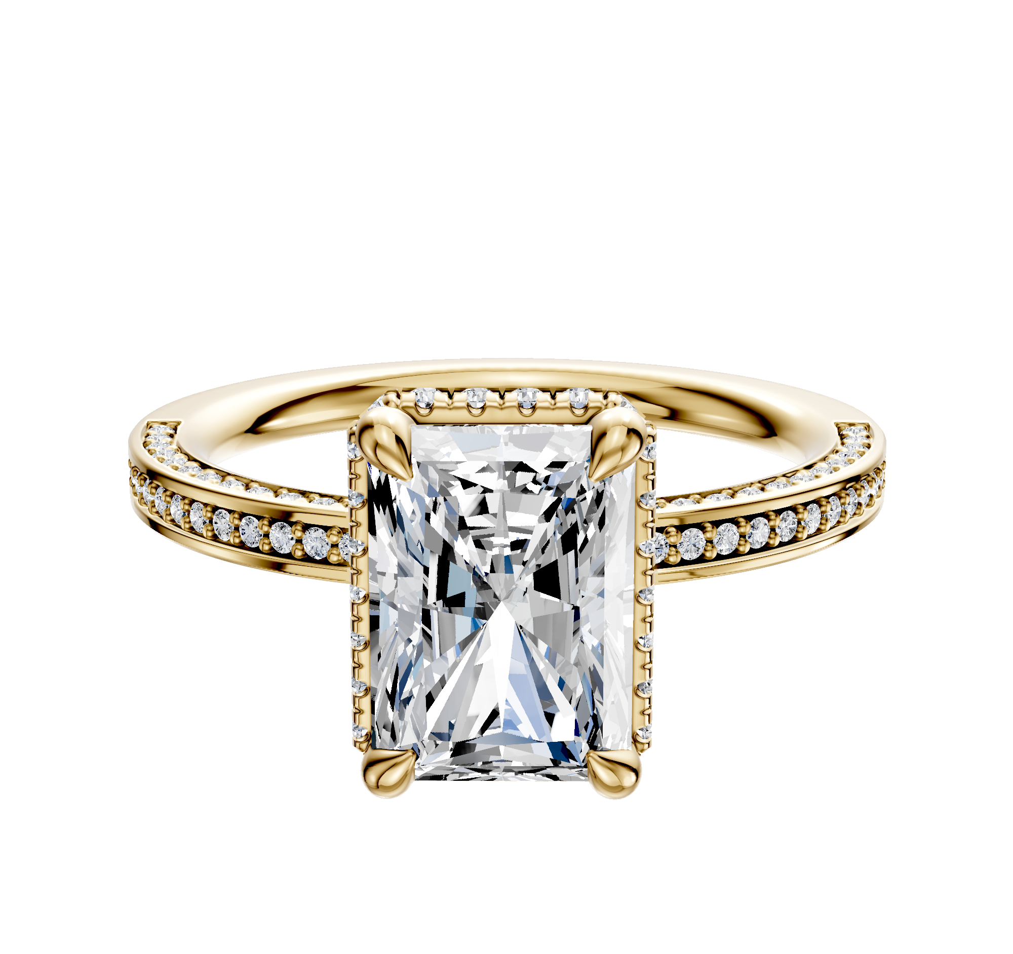 The 18K Yellow Gold 4 Prong Collar Classic Flat 3-Row-Pave 2.0mm Engagement Ring features a prominent rectangular gemstone in the center, accented by rows of pavé diamonds along the band and around the centerpiece, displayed on a white background.