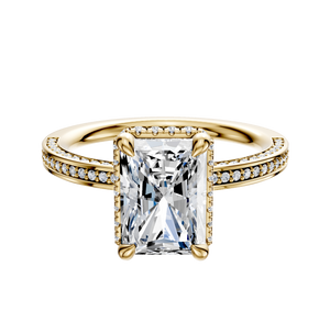 18K Yellow Gold 4 Prong Collar Classic Flat 3-Row-Pave 2.0mm Engagement Ring