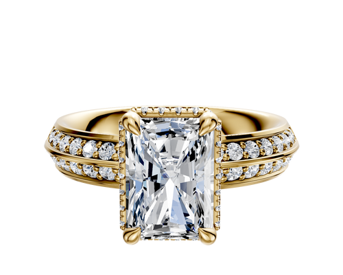 14K Yellow Gold 4 Prong Collar Classic Knife Edge 1-Row-Pave 2.5mm Engagement Ring