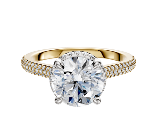 14K Two Tone 4 Prong Collar Cathedral Dome 3-Row-Pave 2.0mm Engagement Ring