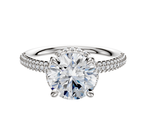 14K White Gold 4 Prong Collar Classic Dome 3-Row-Pave 2.0mm Engagement Ring