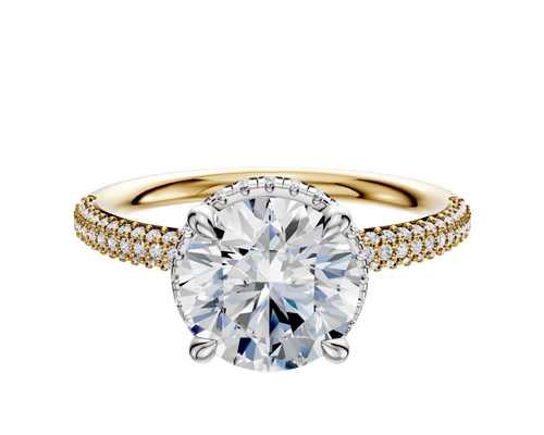 14K Two Tone 4 Prong Collar Classic Dome 3-Row-Pave 2.0mm Engagement Ring