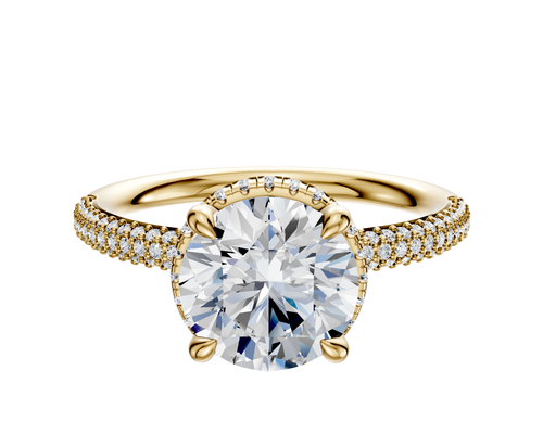 14K Yellow Gold 4 Prong Collar Classic Dome 3-Row-Pave 2.0mm Engagement Ring