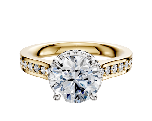 18K Two Tone 4 Prong Collar Cathedral Flat 1-Row-Pave 2.5mm Engagement Ring