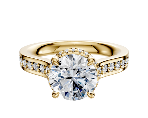 18K Yellow Gold 4 Prong Collar Cathedral Flat 1-Row-Pave 2.5mm Engagement Ring