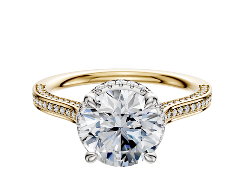 18K Two Tone 4 Prong Collar Cathedral Flat 3-Row-Pave 2.0mm Engagement Ring