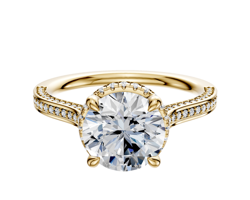 18K Yellow Gold 4 Prong Collar Cathedral Flat 3-Row-Pave 2.0mm Engagement Ring