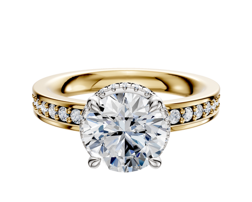 18K Two Tone 4 Prong Collar Classic Flat 1-Row-Pave 2.5mm Engagement Ring