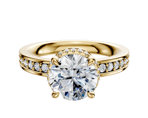18K Yellow Gold 4 Prong Collar Classic Flat 1-Row-Pave 2.5mm Engagement Ring