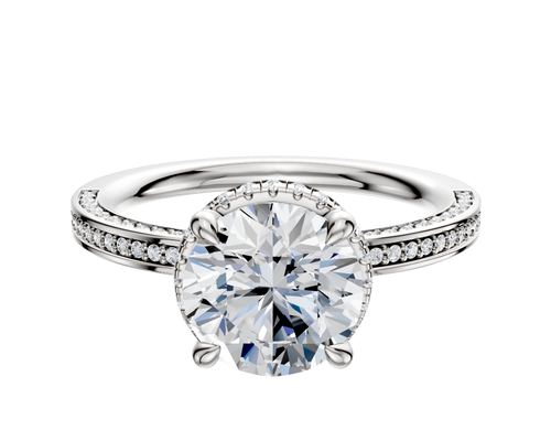 18K White Gold 4 Prong Collar Classic Flat 3-Row-Pave 2.0mm Engagement Ring