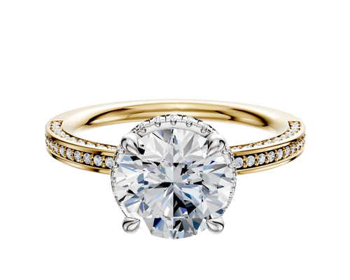 18K Two Tone 4 Prong Collar Classic Flat 3-Row-Pave 2.0mm Engagement Ring