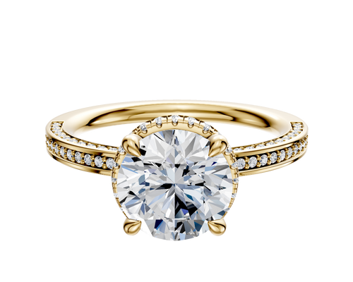 18K Yellow Gold 4 Prong Collar Classic Flat 3-Row-Pave 2.0mm Engagement Ring