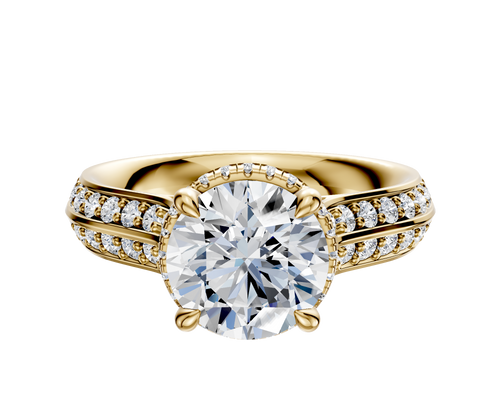 18K Yellow Gold 4 Prong Collar Cathedral Knife Edge 1-Row-Pave 2.5mm Engagement Ring