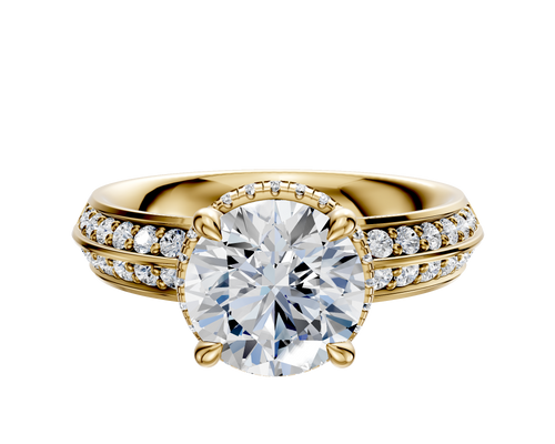 18K Yellow Gold 4 Prong Collar Classic Knife Edge 1-Row-Pave 2.5mm Engagement Ring