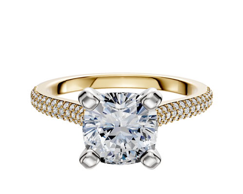 18K Two Tone 4 Prong Cathedral Dome 3-Row-Pave 2.0mm Engagement Ring
