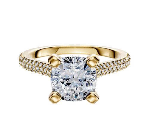 14K Yellow Gold 4 Prong Cathedral Dome 3-Row-Pave 2.0mm Engagement Ring