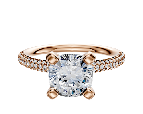 18K Rose Gold 4 Prong Classic Dome 3-Row-Pave 2.0mm Engagement Ring