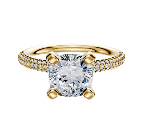 18K Yellow Gold 4 Prong Classic Dome 3-Row-Pave 2.0mm Engagement Ring