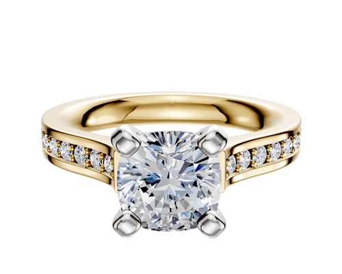 14K Two Tone 4 Prong Cathedral Flat 1-Row-Pave 2.5mm Engagement Ring
