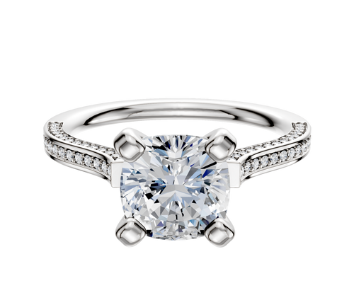 14K White Gold 4 Prong Cathedral Flat 3-Row-Pave 2.0mm Engagement Ring