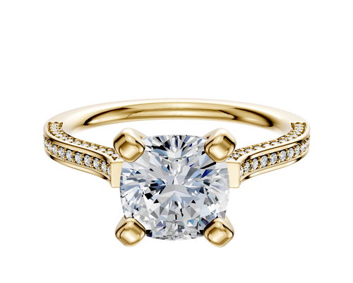 18K Yellow Gold 4 Prong Cathedral Flat 3-Row-Pave 2.0mm Engagement Ring