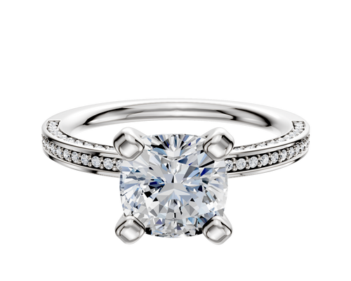 14K White Gold 4 Prong Classic Flat 3-Row-Pave 2.0mm Engagement Ring