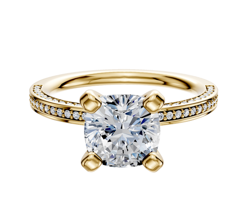 18K Yellow Gold 4 Prong Classic Flat 3-Row-Pave 2.0mm Engagement Ring