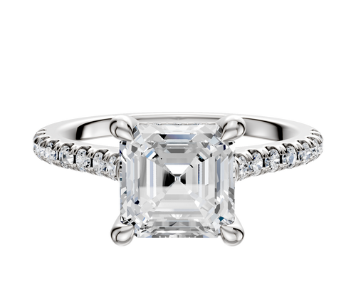 14K White Gold 4 Prong Hidden Halo Cathedral Dome 1-Row-Pave 2.5mm Engagement Ring