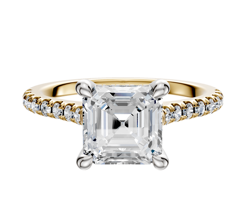 18K Two Tone 4 Prong Hidden Halo Cathedral Dome 1-Row-Pave 2.5mm Engagement Ring