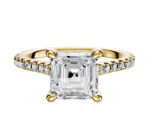 14K Yellow Gold 4 Prong Hidden Halo Cathedral Dome 1-Row-Pave 2.5mm Engagement Ring