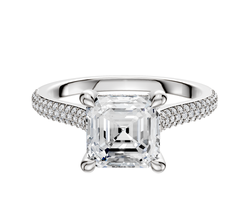 18K White Gold 4 Prong Hidden Halo Cathedral Dome 3-Row-Pave 2.0mm Engagement Ring