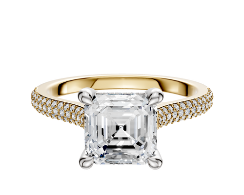 14K Two Tone 4 Prong Hidden Halo Cathedral Dome 3-Row-Pave 2.0mm Engagement Ring