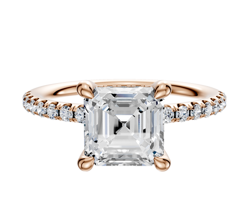 18K Rose Gold 4 Prong Hidden Halo Classic Dome 1-Row-Pave 2.5mm Engagement Ring