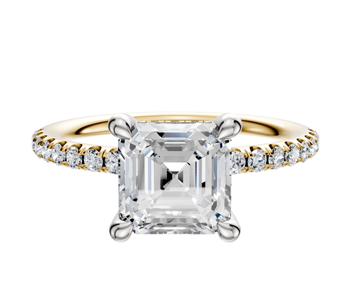 14K Two Tone 4 Prong Hidden Halo Classic Dome 1-Row-Pave 2.5mm Engagement Ring