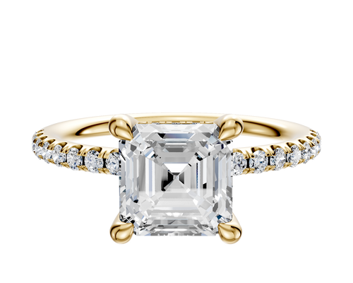 18K Yellow Gold 4 Prong Hidden Halo Classic Dome 1-Row-Pave 2.5mm Engagement Ring