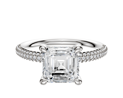 18K White Gold 4 Prong Hidden Halo Classic Dome 3-Row-Pave 2.0mm Engagement Ring