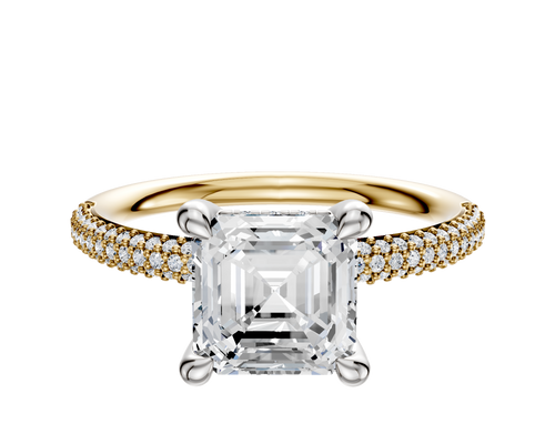 14K Two Tone 4 Prong Hidden Halo Classic Dome 3-Row-Pave 2.0mm Engagement Ring