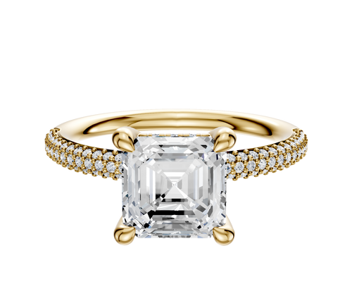 14K Yellow Gold 4 Prong Hidden Halo Classic Dome 3-Row-Pave 2.0mm Engagement Ring